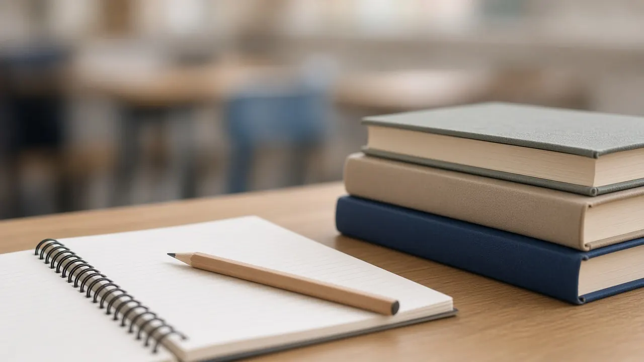 Buku catatan dan pensil di atas meja belajar siswa