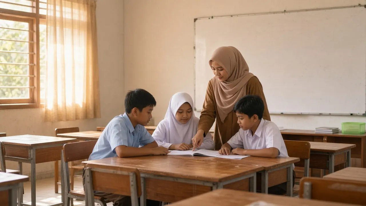 Ruang kelas bimbel dengan meja belajar dan papan tulis
